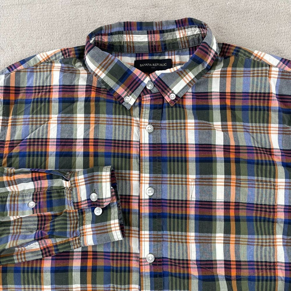Banana Republic‎ Shirt Men XL Madras Plaid Untucked Long Sleeve Preppy Office